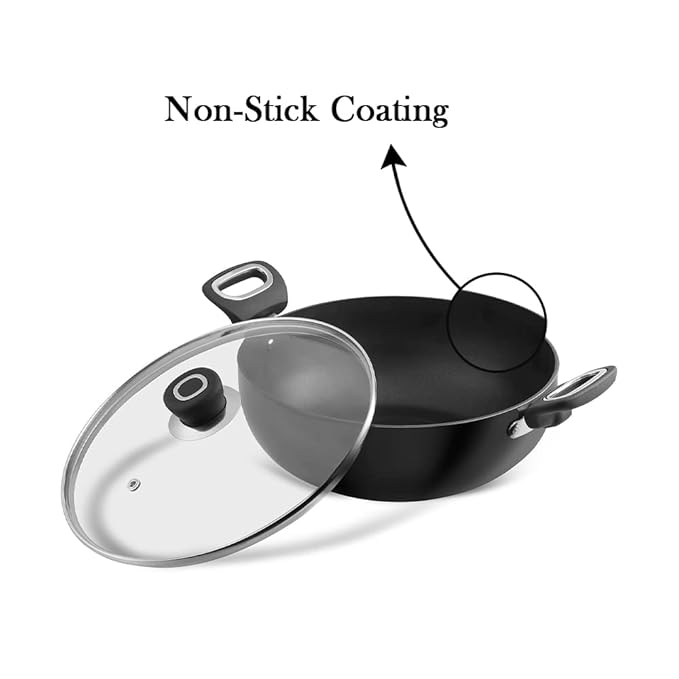 Vinod Hanos Hard Anodised Non Stick Deep Kadhai with Glass lid - 2.6 Litre, 22 cm | 3.25mm Thick | 5X Non Stick
