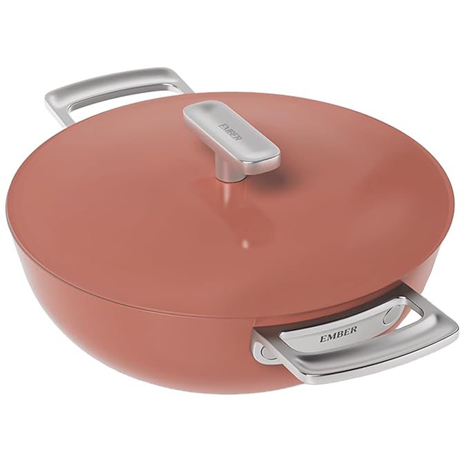 Ember Cookware Arcilla Ceramic Non Stick Kadai 24cm | Metallic Lid | Stainless Steel Handles | Capri Series | Terracotta