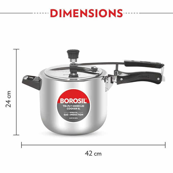 Borosil Triply Induction Base Inner Lid Stainless Steel Pressure Cooker | 5 Litres