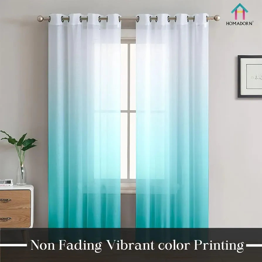 Homadorn Ombre Printed Linen Textured Sheer Curtains White + Sky Blue