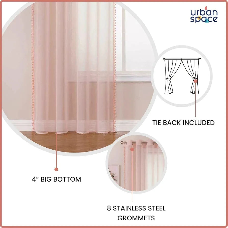 Urban Space Linen Textured Sheer Curtain for Door Living Room,Readymade Curtain with Rod Pocket, Set of 2 Decorative Curtains Blush Pink with Pom pom