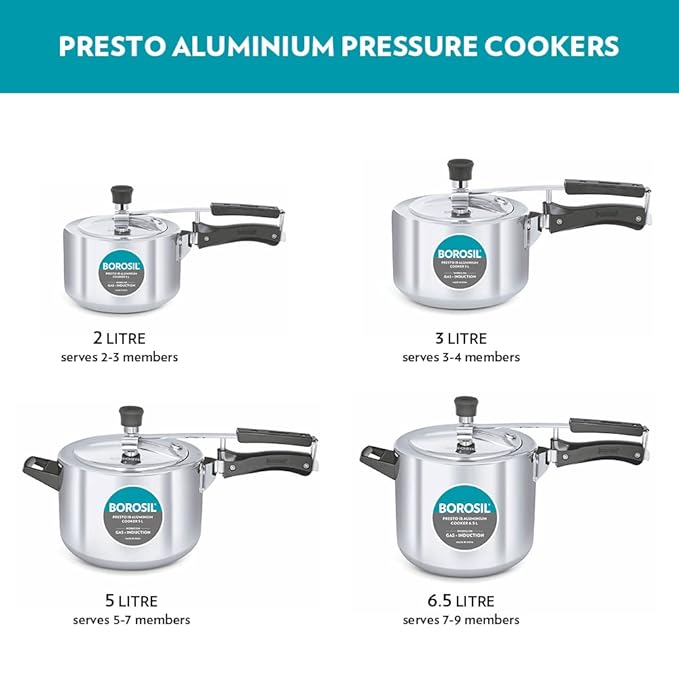 Borosil Presto Induction Base Inner Lid Aluminium Pressure Cooker | Silver | 3 Litres