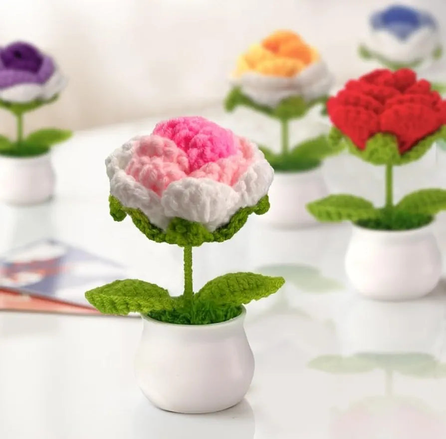 Handmade Crochet Flower Pot Pink Rose Shaded 1 PC. Artificial Flower Knitted Flower