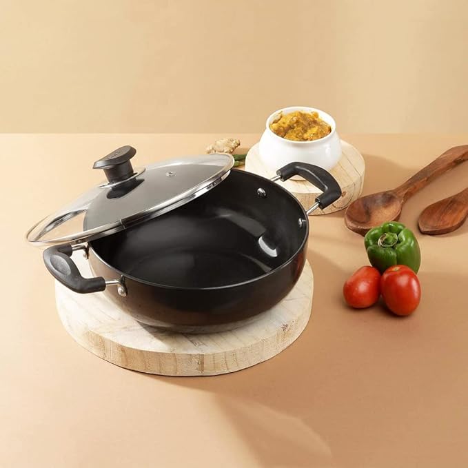 Vinod Black Pearl Plus Hard Anodised Deep Kadhai with Lid - 3.1 Litre, 24 cm | 3.25mm Thick | Natural Stick Free Kadai