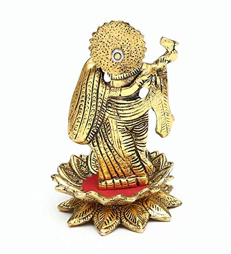 KridayKraft Radha Krishna idols Standing on Lotus Flower with playing Flute Gold plated