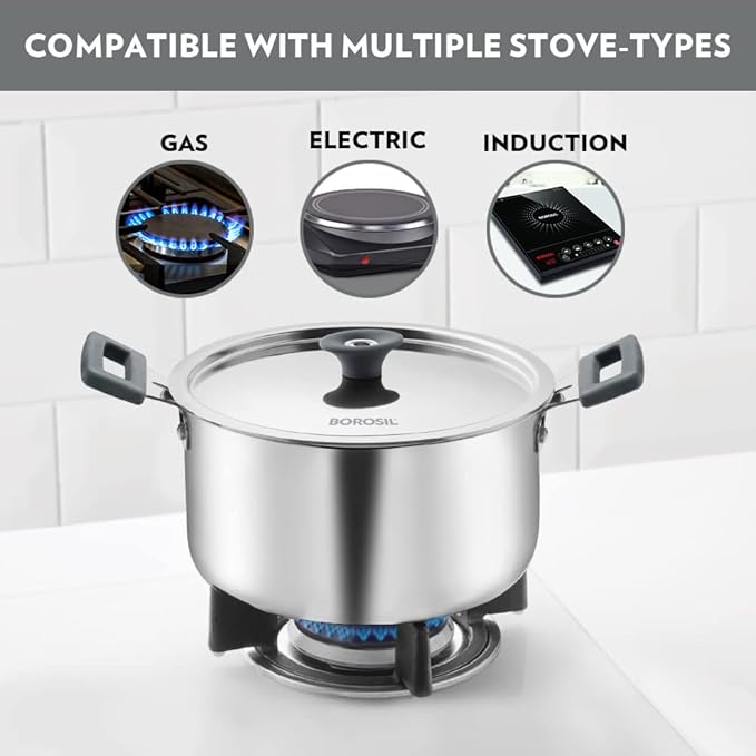 Borosil Cookfresh Tri-ply Stainless Steel Cook & Serve Casserole With Lid | Induction Friendly | 2.8 Litres | 20 Cm