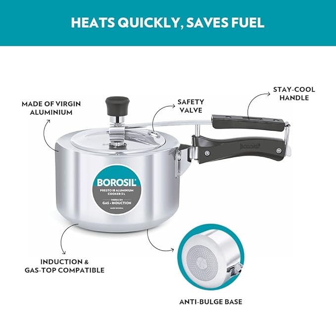 Borosil Presto Induction Base Inner Lid Aluminium Pressure Cooker | Silver | 3 Litres