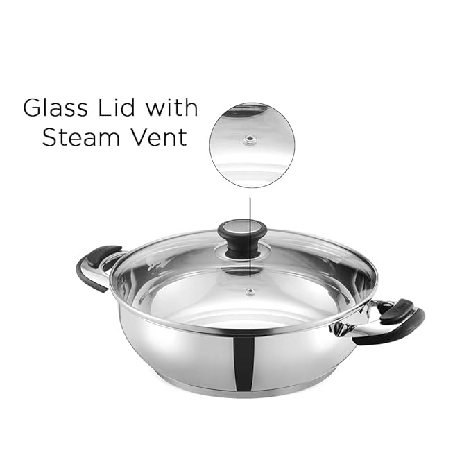 Vinod Durban Stainless Steel Kadhai with Glass Lid 1.7 Litre (20 cm) | 6.2mm Thick | Kadhai for Deep Frying