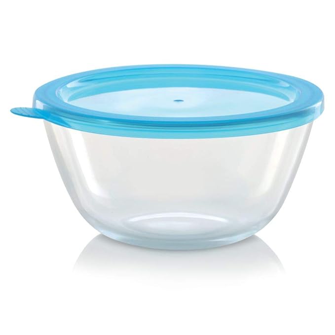 Borosil Glass Mixing & Serving Bowl With Blue Lid | Oven & Microwave Safe Bowl | 500 Ml | Borosilicate Glass