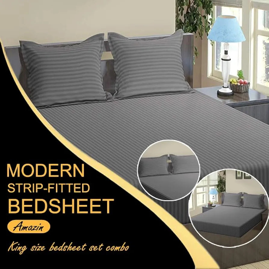 Fresh From Loom 240 TC Satin Striped Soft Fitted Bedsheet King Size Bed with Two Pillow Cover Grey