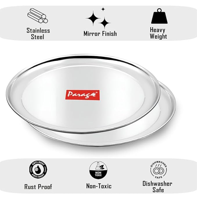 Parage 6 Pieces Stainless Steel 9 inch Heavy Gauge Raj Bhog Plate Set/Dinner Set