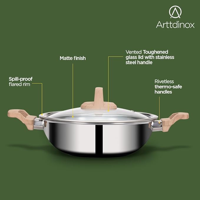 Arttdinox Timber Triply Stainless Steel Kadai | Steel Kadai for Cooking | Triply Kadai With Lid | 26cm | 3.2ltrs | Silver
