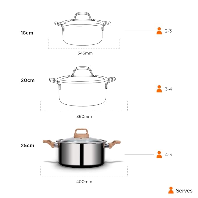 Arttdinox Timber Stainless Steel Triply Pot With Glass Lid | 25 Cm | 5 Ltr | Wood Finished Handle | Induction & Gas Base