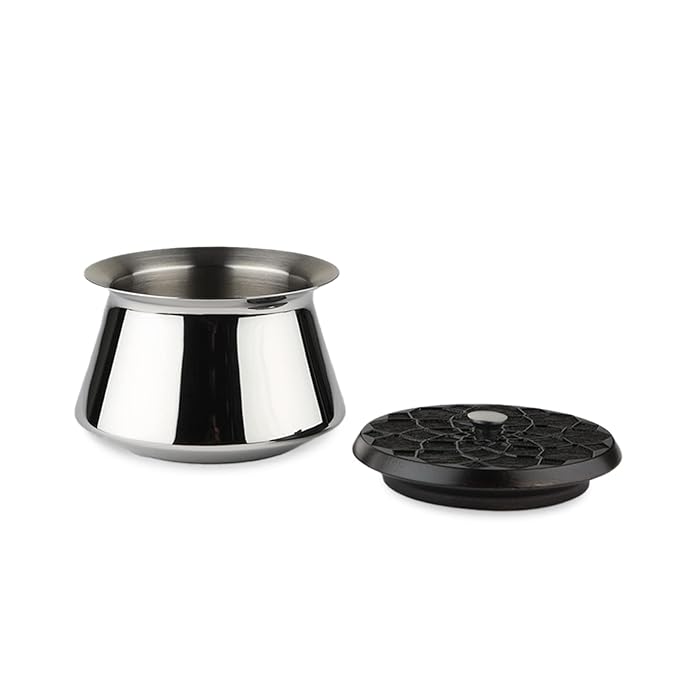 Arttdinox Designer Stainless Steel Patila With Wooden Lid | 350 Ml | Double Walled Bowl | Supari Box | Gloss Mirror