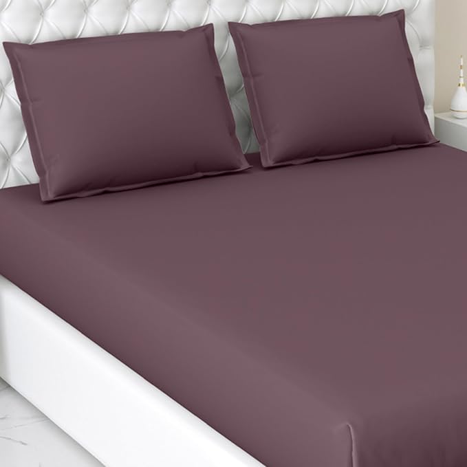Haus kinder Cotton Elastic Fitted Bedsheet King Size 2 Pillow Covers | Colour Plum
