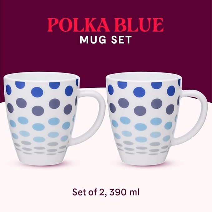 Larah by Borosil Polka Blue 390 Ml Mug Set | Set of 2