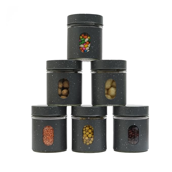 Femora Carbon Steel Jar for Kitchen Storage With Clear Glass Window and Carbon Steel Lid | 300 Ml | 6 Pieces Set | Blue- Green
