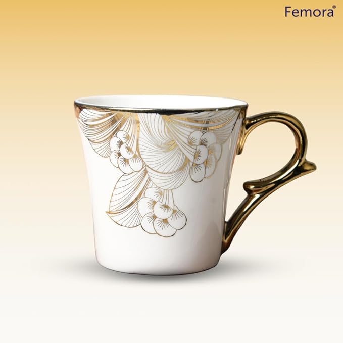 Femora Gold Wild Shroom Tea Mugs, Ceramic Tea Cups, Coffee Mugs | 160 Ml | 6 Pcs Set | Not Microwave Safe