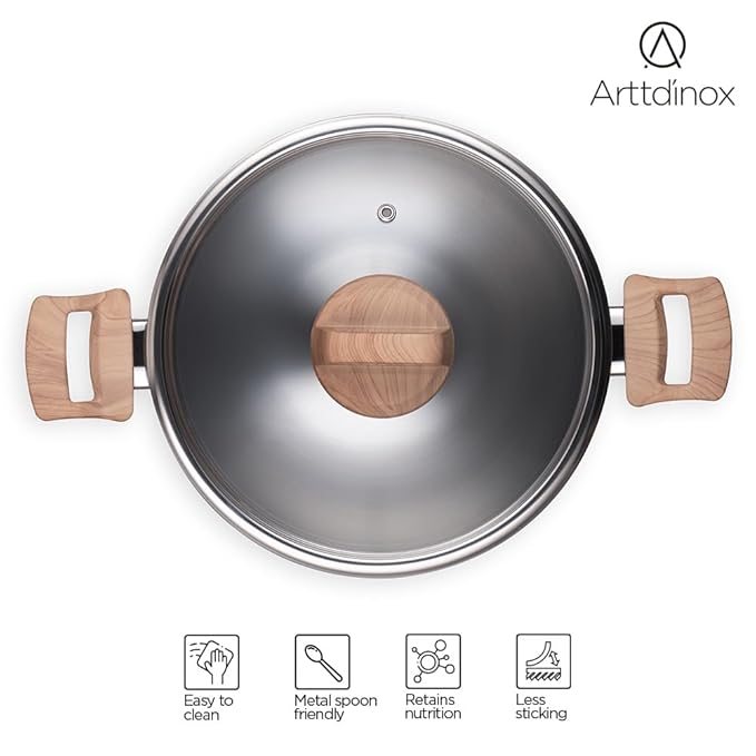 Arttdinox Timber Triply Stainless Steel Kadai | Steel Kadai for Cooking | Triply Kadai With Lid | 22cm | 2.1ltrs | Silver