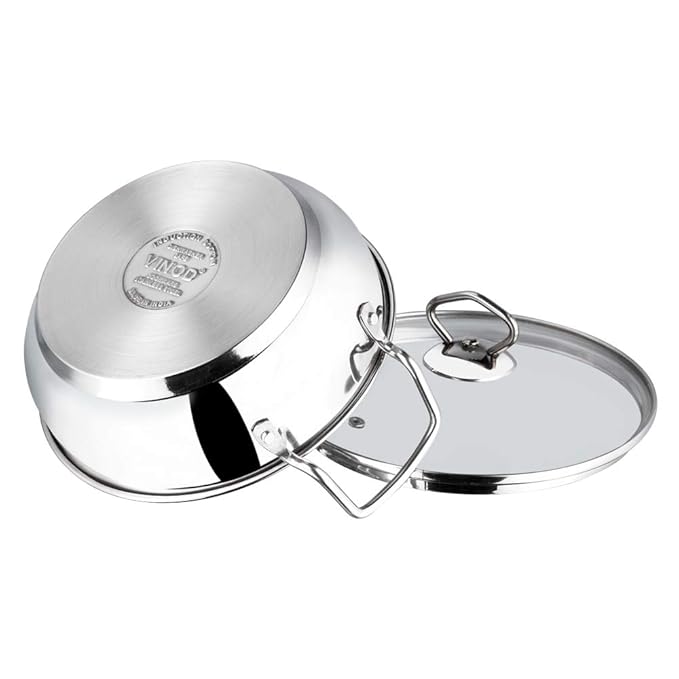 Vinod Stainless Steel Kadhai with Glass Lid - 1.4 Litre, 18cm | Extra Thick, SAS Heavy Bottom | Kadai for Cooking