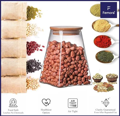 Femora Kitchen Storage Jars Borosilicate Glass Jars for Kitchen With Wooden Lid Air Tight Jar | 550 Ml | Pack of 1 | Transparent