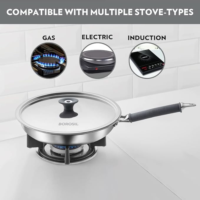 Borosil Cookfresh Tri-ply Stainless Fry Pan With Lid | Induction Friendly | 1.9 Litres | 24 Cm