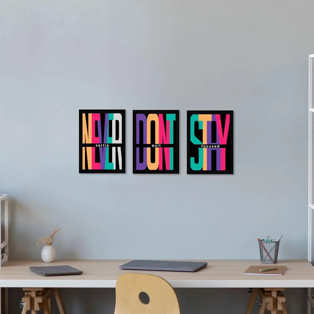 ArtX Paper Never Settle Motivational Quotes Wall Frames Set of 3