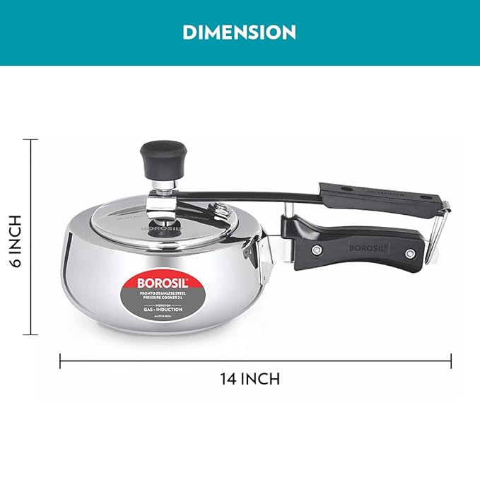 Borosil Pronto Induction Base Inner Lid Stainless Steel Pressure Cooker | 6.8 Mm Thick Base | 2 Litres