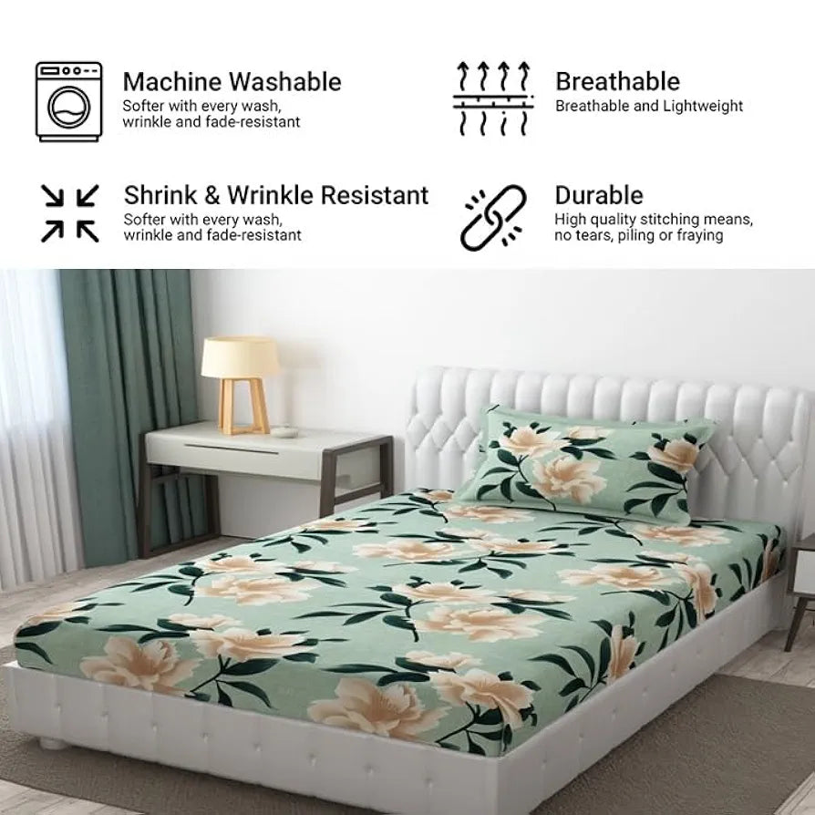 Fresh From Loom Single Bed Floral Design Microfiber Single Bedsheet Includes 1 Pillow Covers 144 TC Sea Green