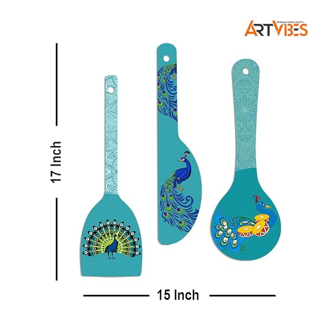 Artvibes Beautiful Peacock Wooden Wall Hanger for Home | Set of 3
