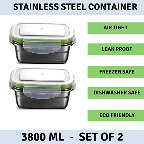 Femora High Steel Rectangle Heavy Duty Airtight Leakproof Unbreakable 3800 Ml Storage Container Lunch Box With Lock Lid