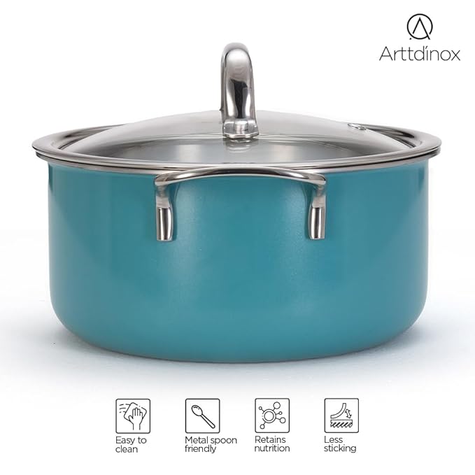 Arttdinox Vida Stainless Steel Triply 18 Cm 2 Ltr Pot With Glass Lid for Biryani | Rivetless Handle | Induction & Gas Base