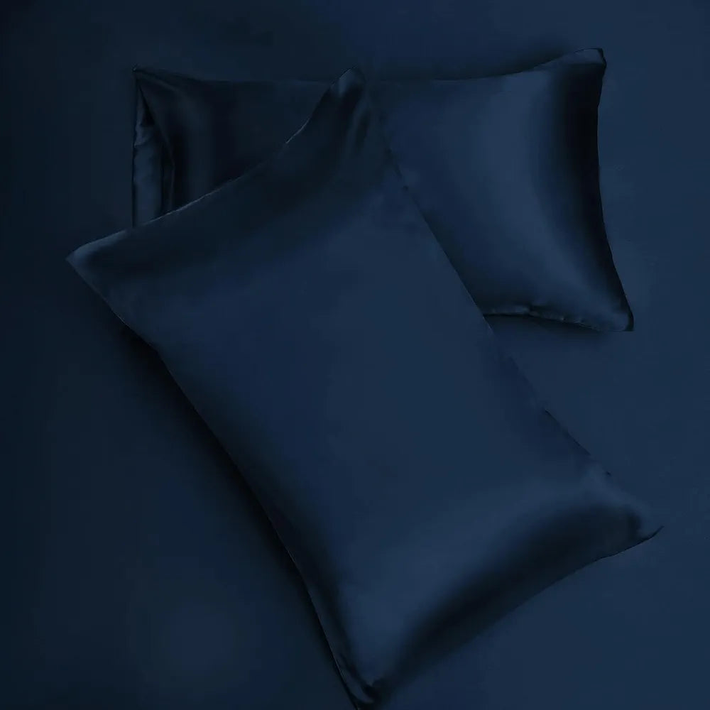 Cloth Fusion Satin Pillow Cover Set of 2 Pillow case with 3 Satin Soft Scrunchies Navy Colour
