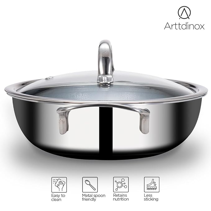 Arttdinox Stellar Triply Stainless Steel Kadhai With Lid | Non Stick Kadai | 24cm | 2.7ltrs | Silver