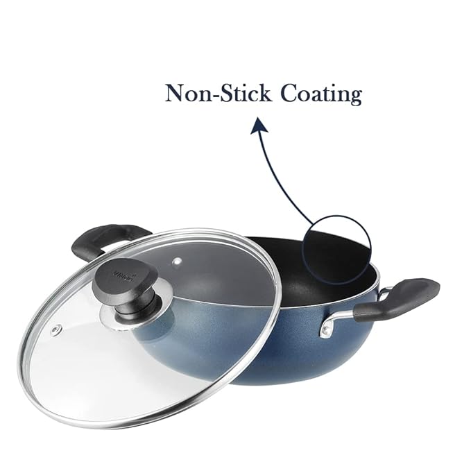 Vinod Zest Aluminium Non Stick Deep Kadhai with Glass Lid - 2 Litre, 20cm | 3 Layer Ceramic Coating | 3 mm Thick