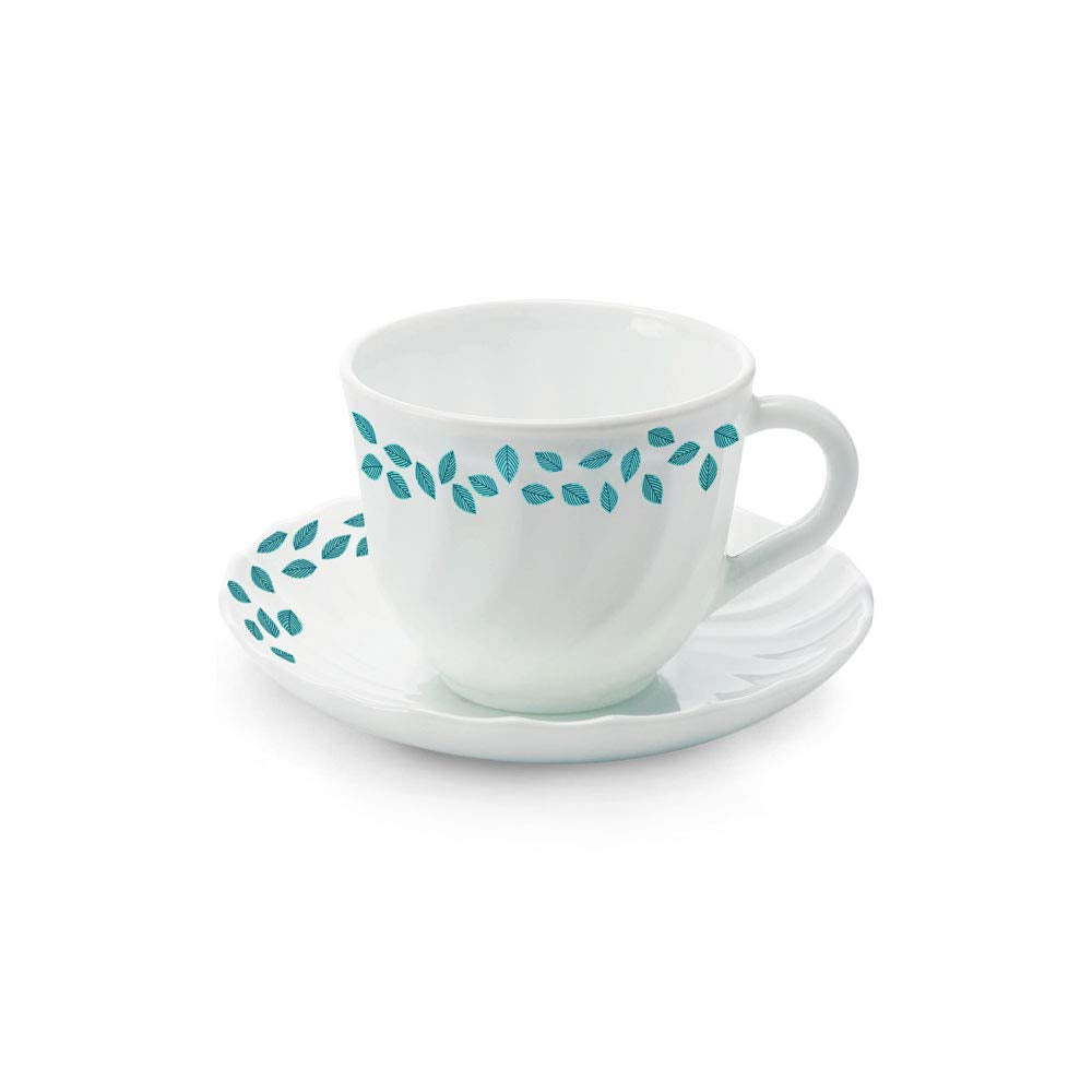 Larah by Borosil Blue Leaves Opalware Cup and Saucer Set of 12 Pcs | Tea/coffee Cups | 220 Ml Each