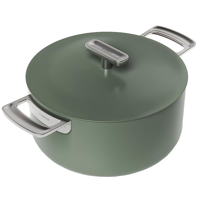 Ember Cookware Arcilla Ceramic Non Stick Dutch Oven 24cm | Metallic Lid | Stainless Steel Handles | Non Toxic Biryani Pot | Green