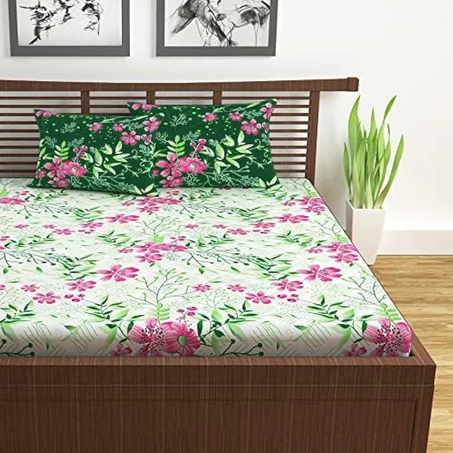 Divine Casa 144 TC Cotton Bedsheet for Double Bed with 2 Pillow Cover Colour Mint Pink