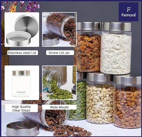 Femora Kitchen Storage Jars Borosilicate Glass With Steel Lid Air Tight Kitchen Jar and Container | 1100 Ml | Pack of 6