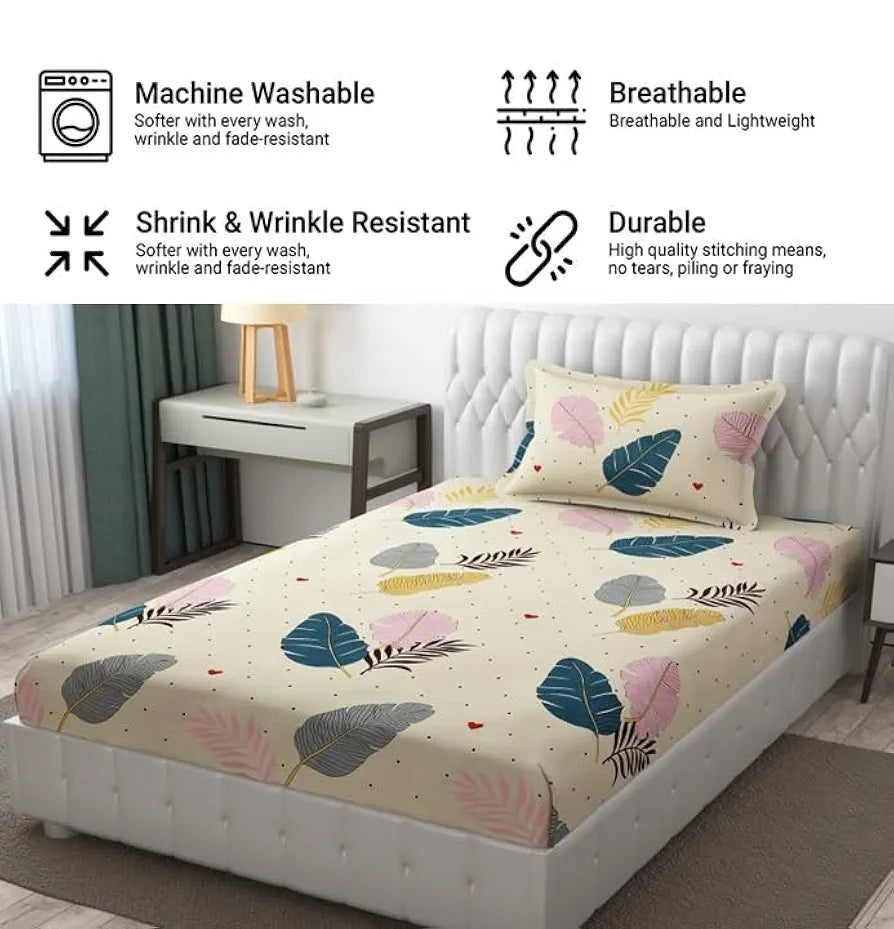 Fresh From Loom Floral Single Bedsheet Single Size Microfiber Rotary Printed with 1 Pillow Covers 144 TC Canary Yellow