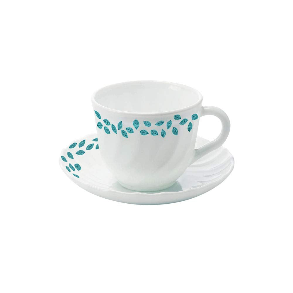 Larah by Borosil Blue Leaves Opalware Cup and Saucer Set of 12 Pcs | Tea/coffee Cups | 220 Ml Each
