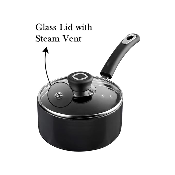 Vinod Hanos Hard Anodised Non Stick Saucepan with Lid - 1.7 Litre, 16 cm | 3.25mm Thick | 5X Long Lasting