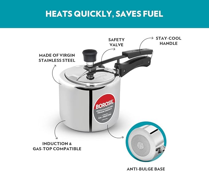 Borosil Presto Induction Base Stainless Steel Inner Lid Pressure Cooker | 3 Litres