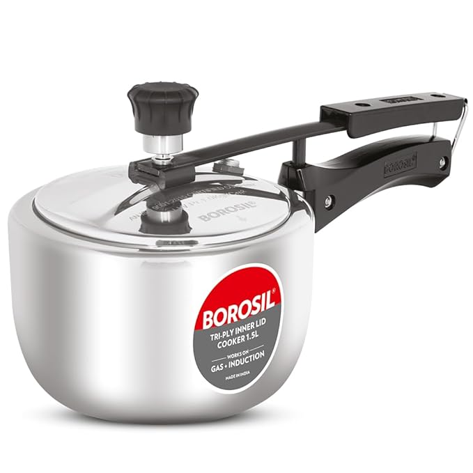 Borosil Triply Induction Base Inner Lid Stainless Steel Pressure Cooker | 1.5 Litres | 500 Milliliter