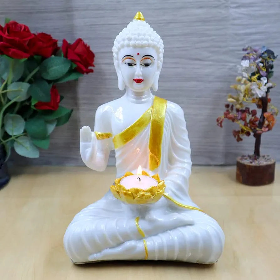 Jaipur Ace White Gold Buddha Sitting With Tealight in Hand Polyresin Idol