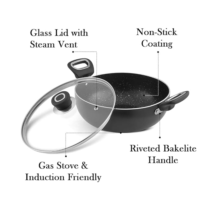 Vinod Zest Marbilo Non-Stick Deep Kadai with Glass Lid 3.3 litres (26 cm Diameter) with Riveted Sturdy Handles