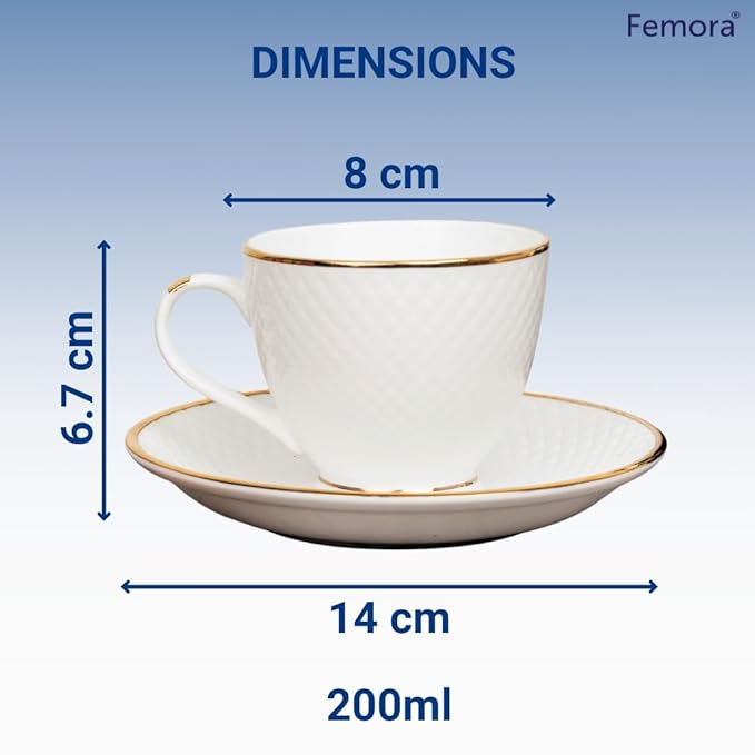 Femora Ceramic Gold Line Diamond Cut White Cup Set - 1450 gms (Pack of 6)