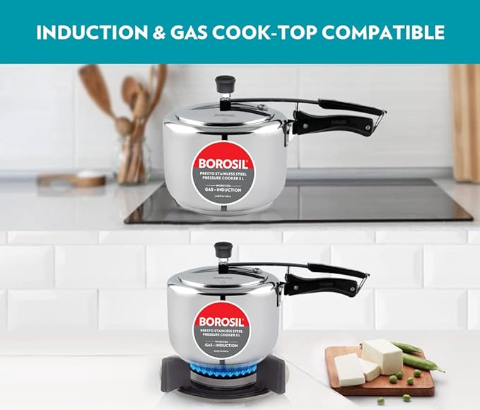 Borosil Presto Induction Base Stainless Steel Inner Lid Pressure Cooker | 3 Litres