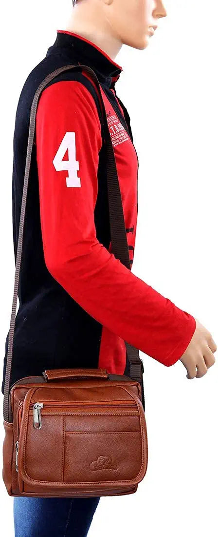 Leather World Sling Bag for Men PU Leather Messenger Cross Body Travel Office One Side Chest Shoulder Bag for Men & Women. - Tan