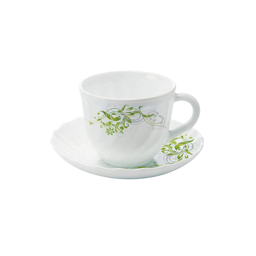 Borosil Larah Erba Cup and Saucer Set | Set of 6 |12-piece | 220ml | White